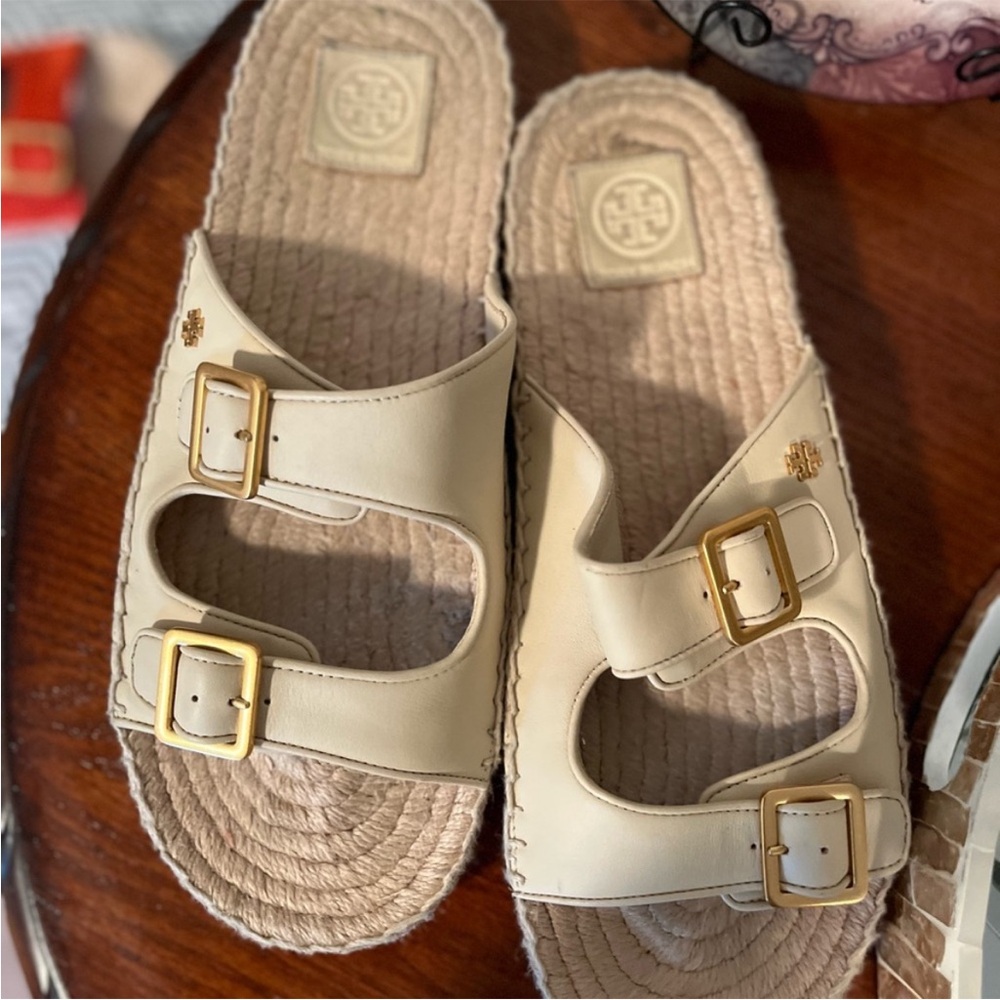 Tory Burch Cream Leather Double-Buckle Slide Sandals with Gold Buckles